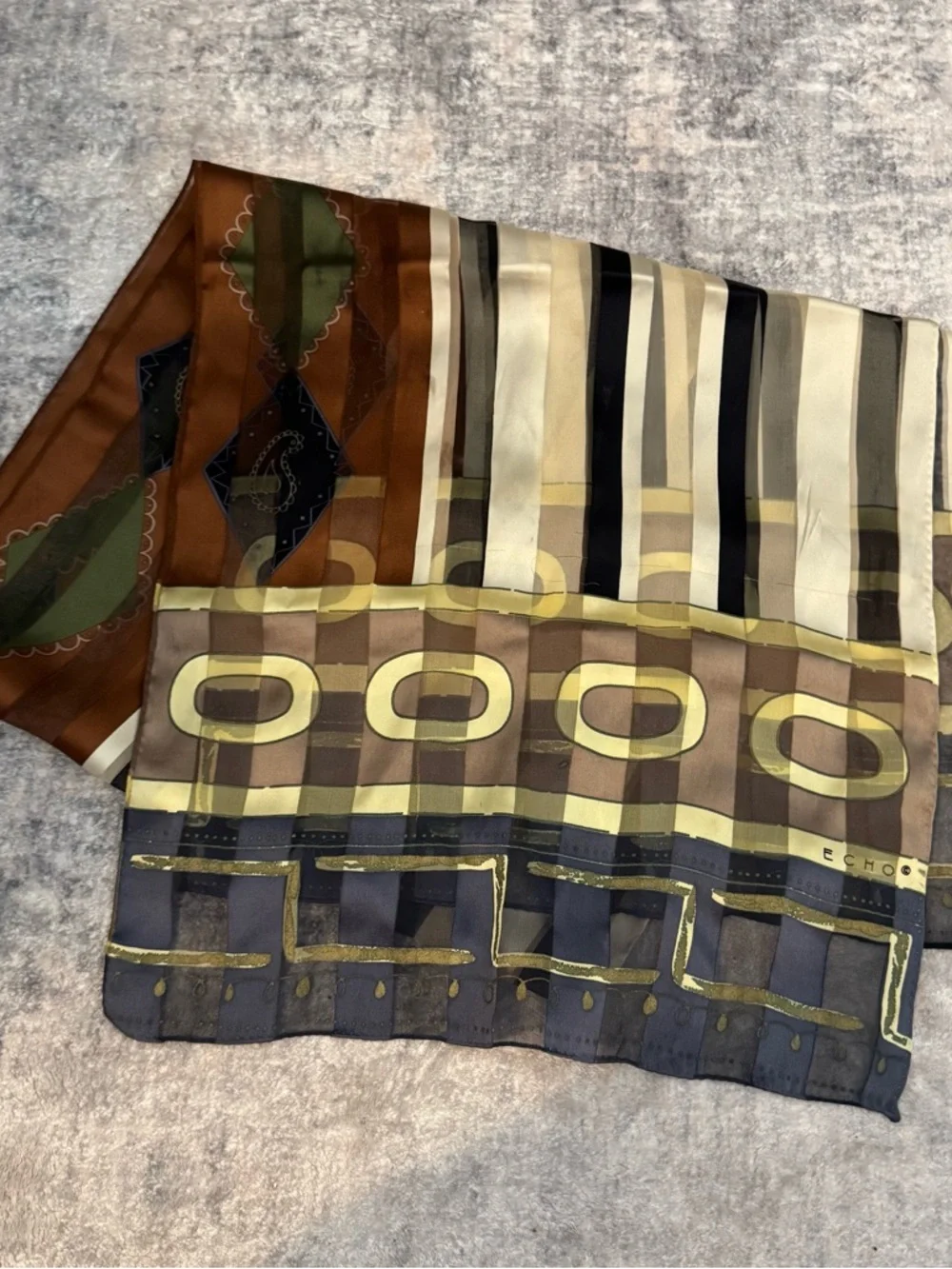 Vintage ECHO Silk Geometric & Stripe Scarf in Brown, Olive, Cream, Navy